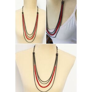NWT Jules B Multi Strand Necklace Red Beads & Silver Chains Layered 34"